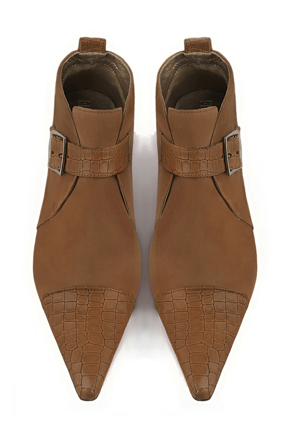 Caramel brown women's ankle boots with buckles at the front. Pointed toe. Low cone heels. Top view - Florence KOOIJMAN